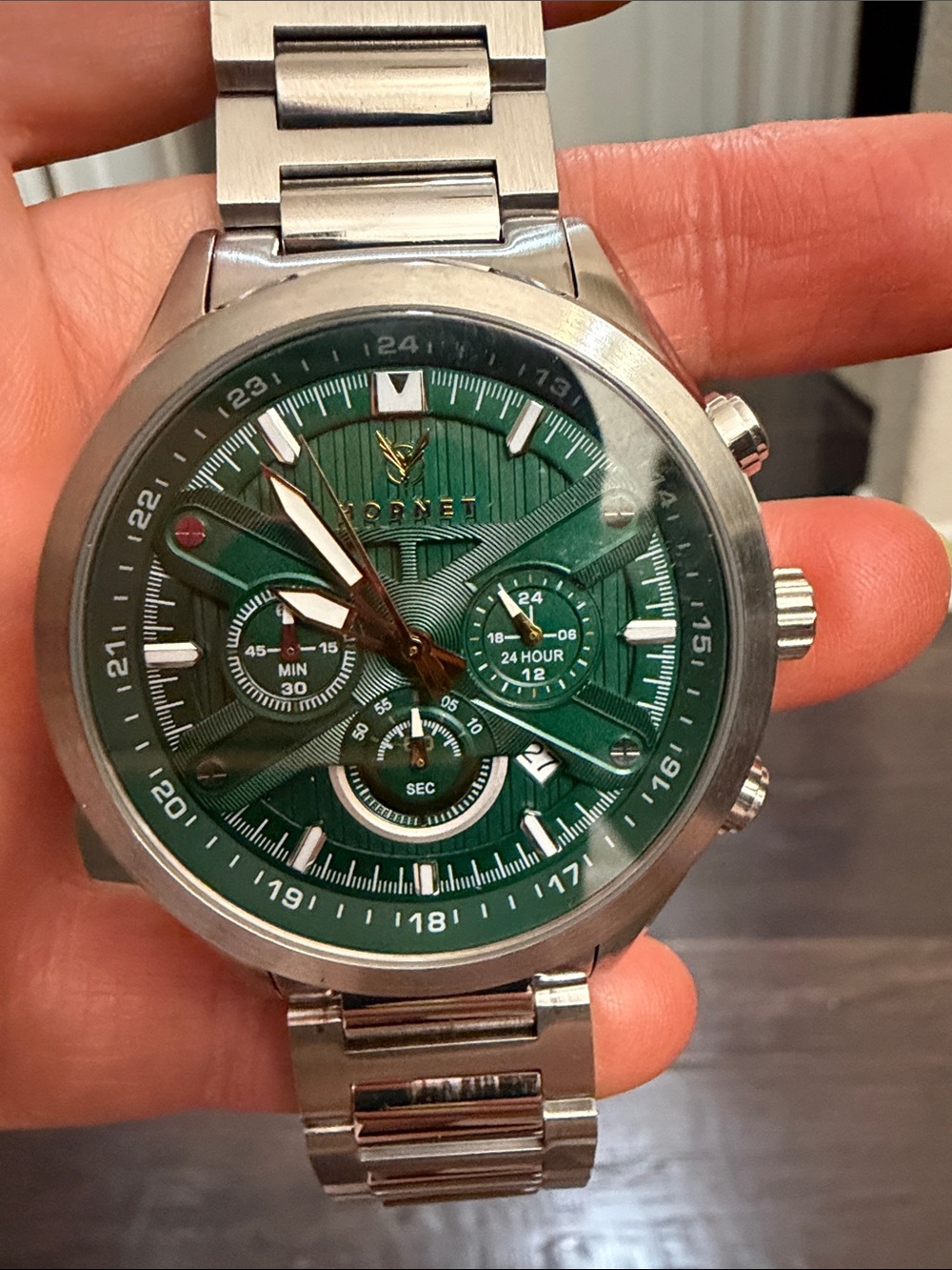 Stainless Steel Chronograph Watch for Men Green Silver